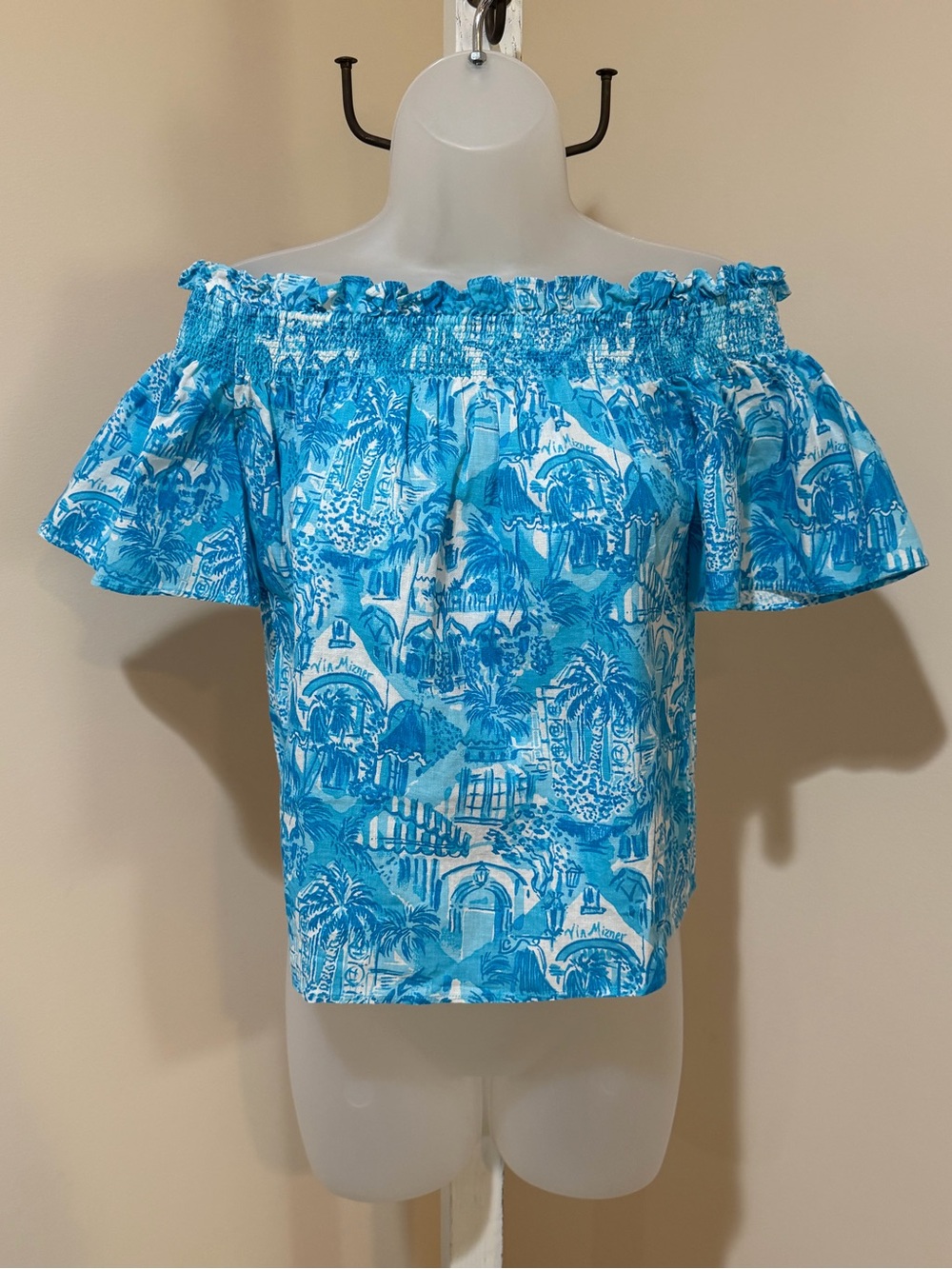 NEW Lilly Pulitzer Leanne Off Shoulder Linen Amalfi Blue Sunny State of Mind XXS - Picture 9 of 12